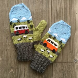 A pair of knitted Campervan Mittens Mi